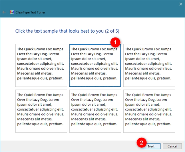 ClearType Text Tuner show five sets of text samples