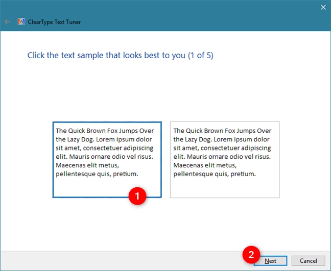 ClearType Text Tuner asks you to choose the text that's easier to read for you