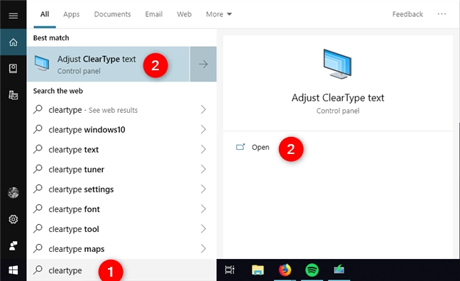 Searching for ClearType in Windows 10