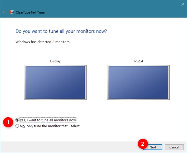 ClearType Text Tuner identifies the monitors connected to your PC