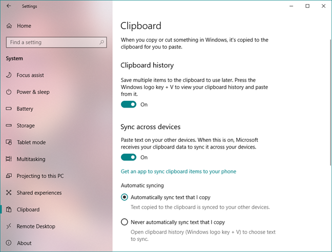 The Clipboard features and settings from Windows 10 with October 2018 Update