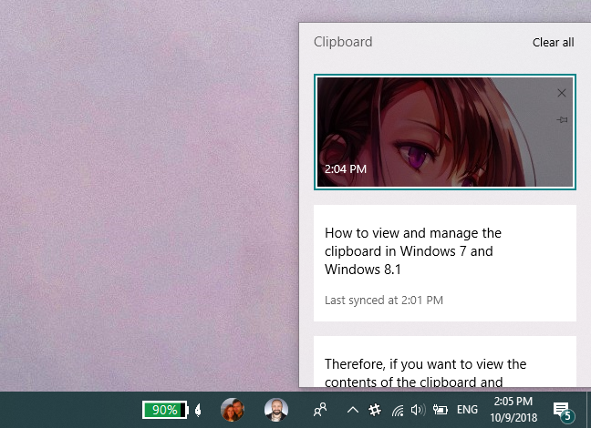 The Clipboard (history) popup from Windows 10 with October 2018 Update