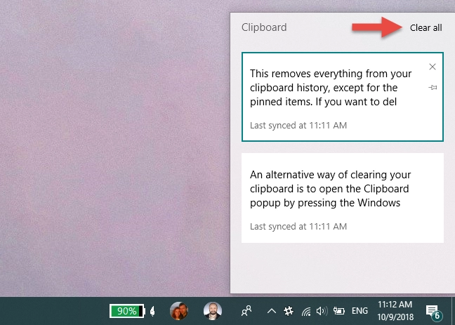 Clearing the data in the clipboard, using the Clipboard History window