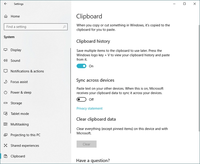 The Clipboard settings in Windows 10