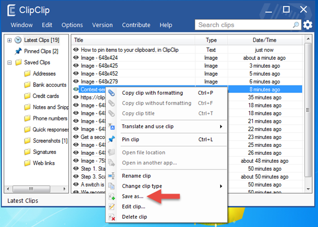Save item to clipboard folder in ClipClip