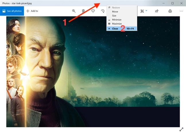 Close an app from its title bar menu