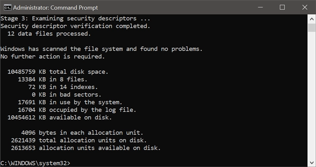 A report from the chkdsk command