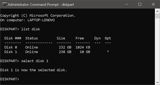 Using diskpart to select the disk on which the following commands are applied to