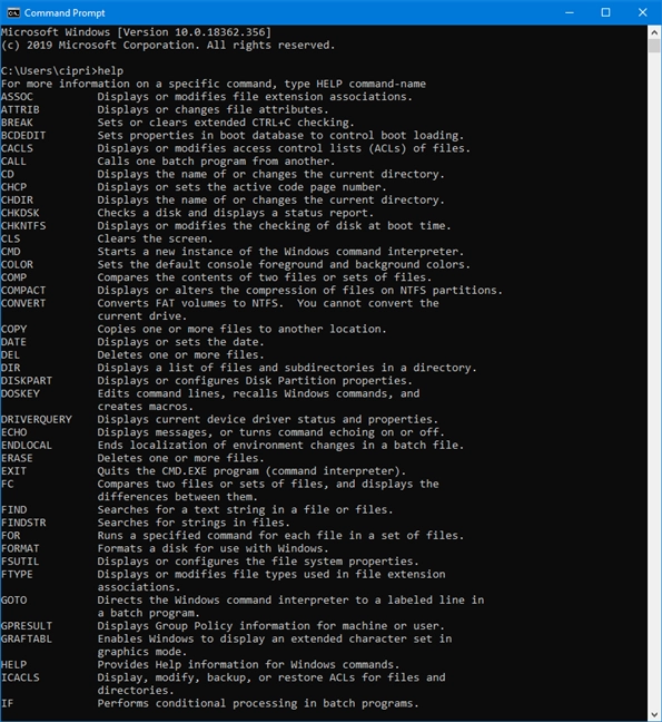 The Command Prompt showing some of the commands that you can run