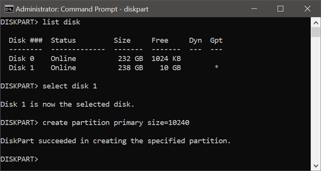 Using diskpart to create a primary partition