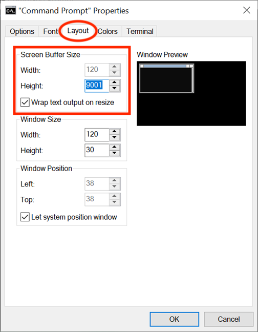 Screen Buffer Size controls the number of characters and lines displayed