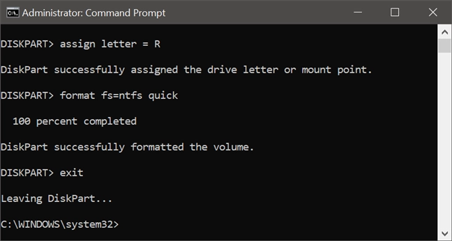 Exiting diskpart in Command Prompt