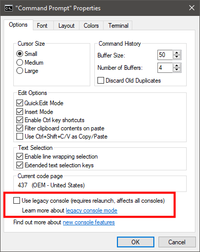 Disable the Use legacy console option