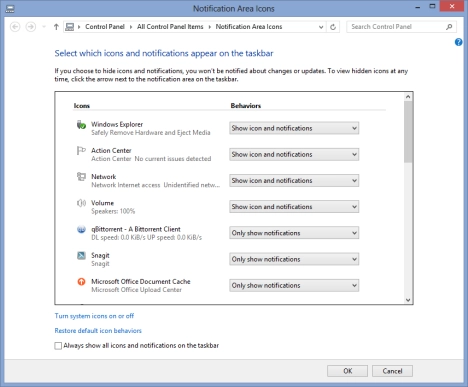 Notification Area, Customize, Windows 7, Windows 8