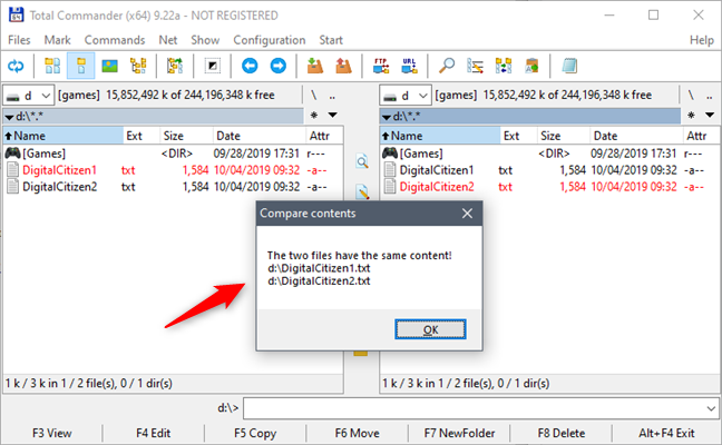 The message you get from Total Commander when the two files are the same