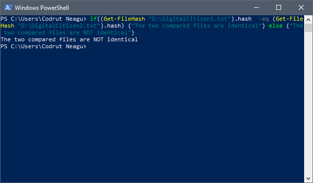 The output you get in PowerShell when the files are different