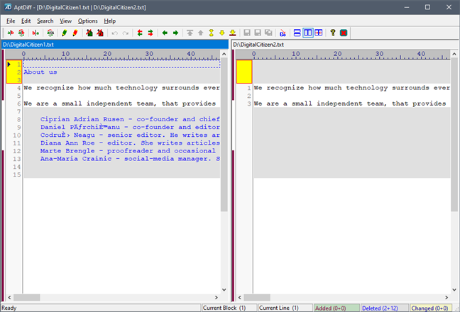 AptDiff shows the differences between the two compared files