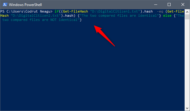 Running the file compare command in PowerShell