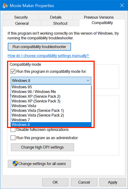 Choose the Windows version your program worked with