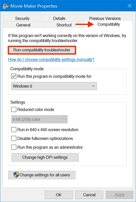 You can also access the Program Compatibility Troubleshooter from Properties