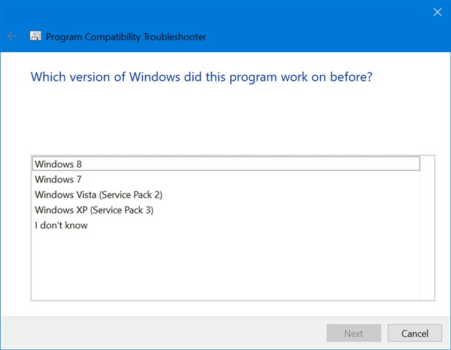 Select the previous Windows version the program worked on