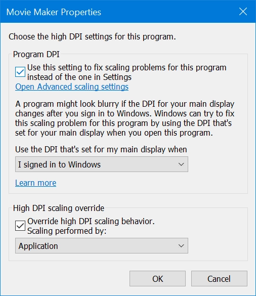 Pressing Change high DPI Settings opens a new window