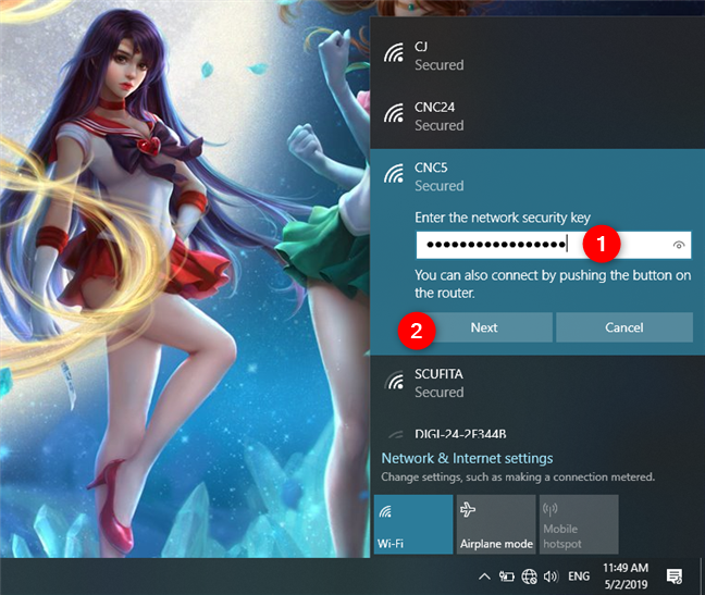 Entering the password of a WiFi network in Windows 10