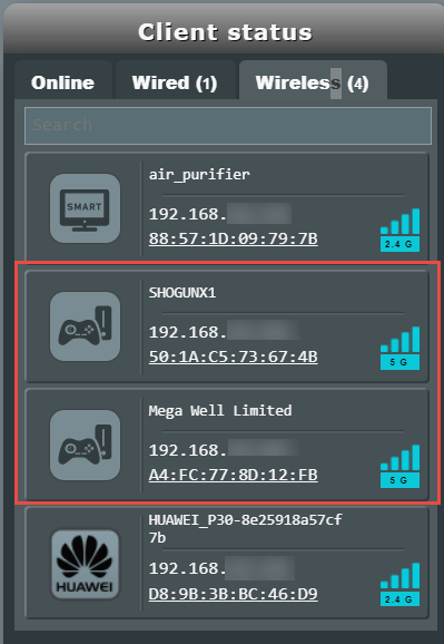 Xbox One and PlayStation 4 connected to a Wi-Fi 6 network on an ASUS router