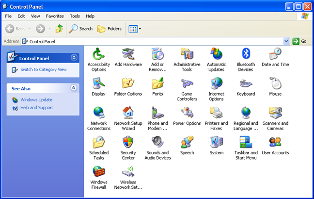 klassisk kontrollpanelvy för Windows 7