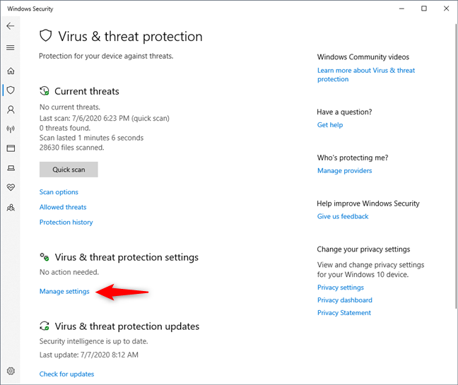 Manage settings under Virus &amp; threat protection settings