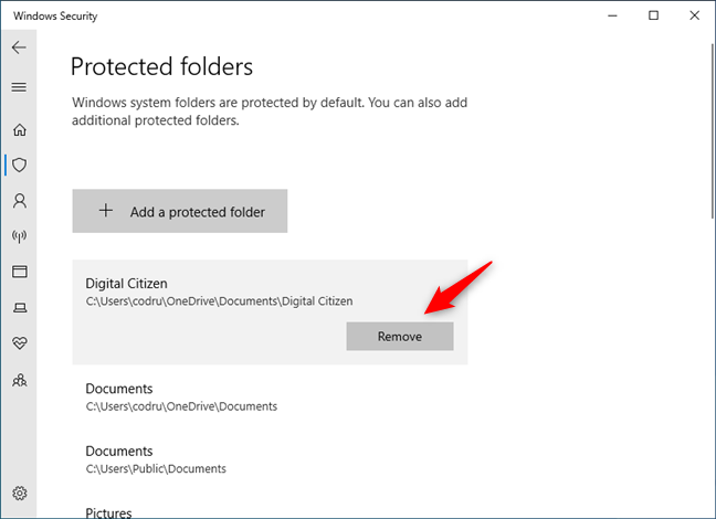 Removing a folder from the ransomware protection list