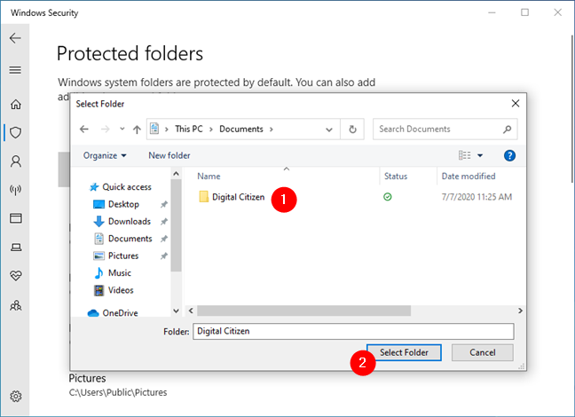 Choosing the folder that gets ransomware protection in Windows 10