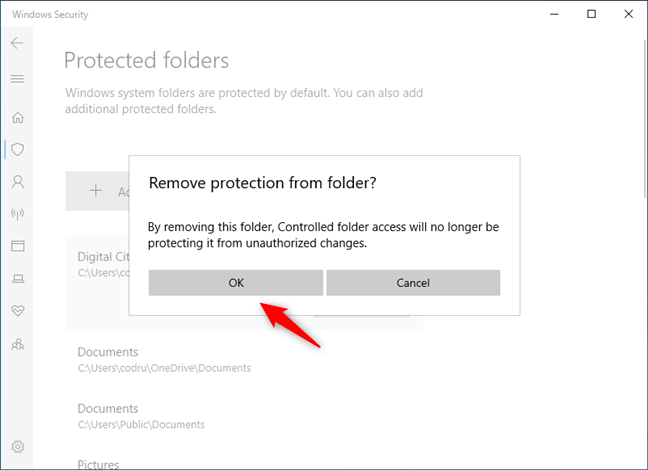 Confirming the removal of a folder from the ransomware protection list