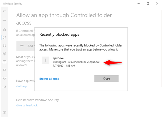 Whitelist an app in Windows 10's Controlled folder access