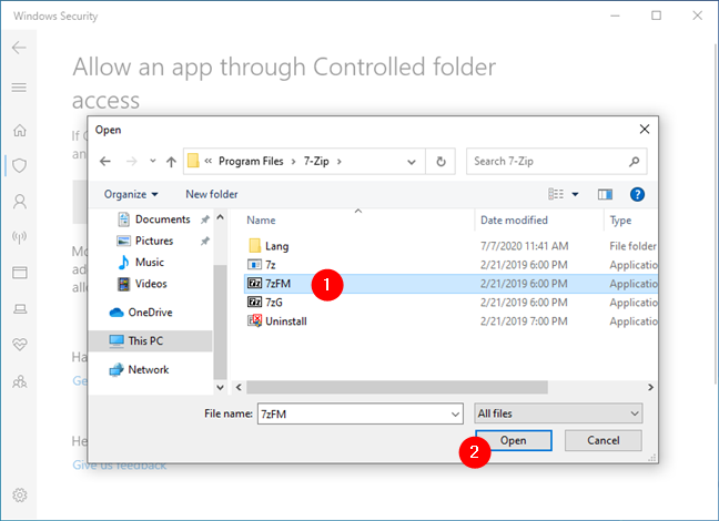 Selecting an app that's allowed to make changes in the protected folders