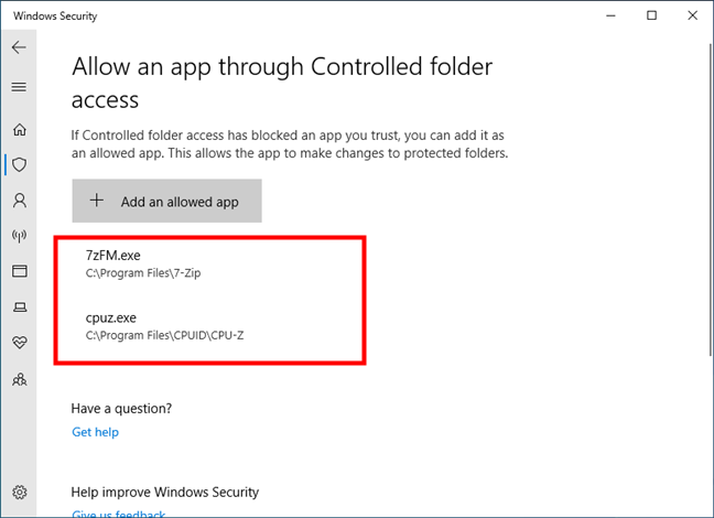 Apps that are whitelisted in Controlled folder access