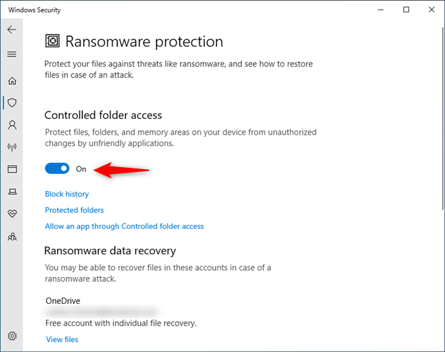 Turning on the Controlled folder access in Windows 10