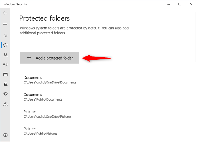 Adding a new folder to the list of folders protected against ransomware