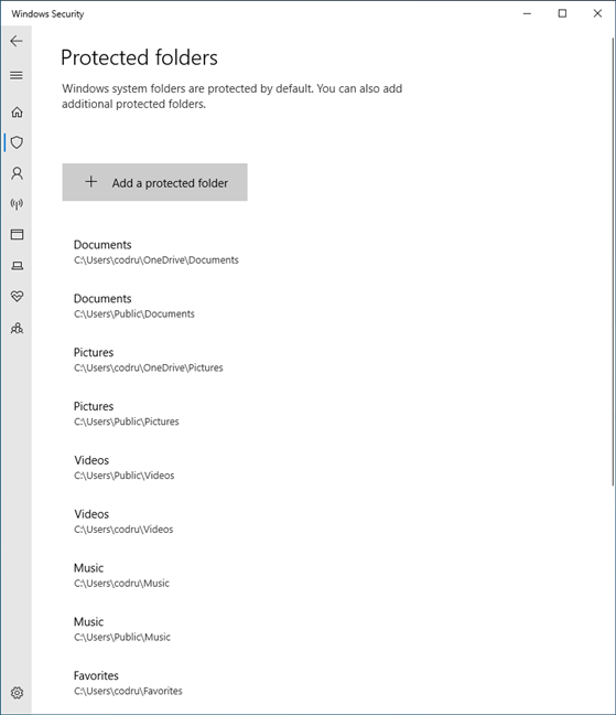 The list of folders protected by Windows 10 against ransomware