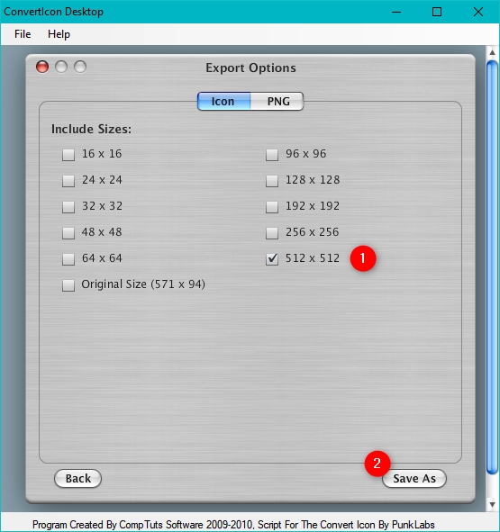 ConvertIcon Desktop - Selecting the icon resolutions and saving it