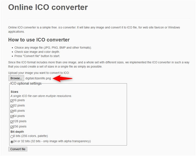 Uploading an image file to the ICO converter website