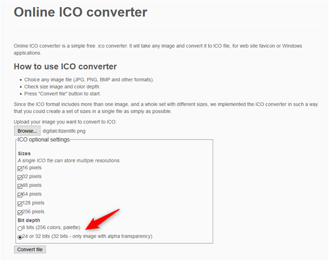 Online ICO converter - Selecting the bit depth of the ICO file