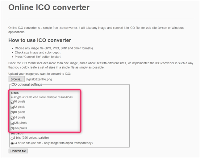 Online ICO converter - Choosing the resolutions used for the ICO file