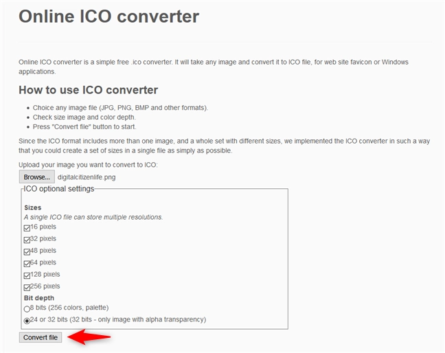 Online ICO converter - Converting the image to an icon