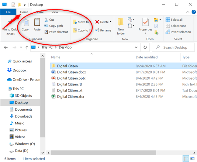 The Home tab displays several options in File Explorer