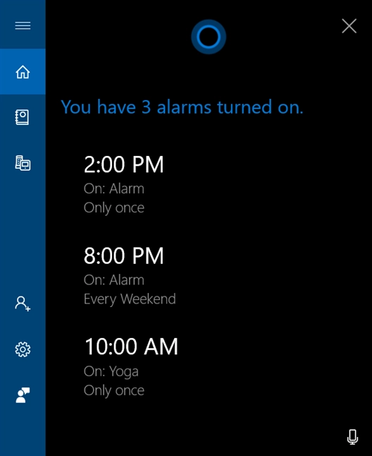 Cortana shows active alarms