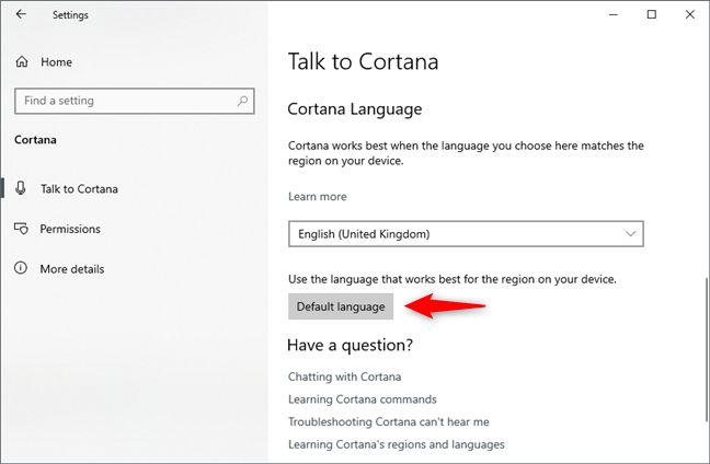 Reset Cortana to use the Default language
