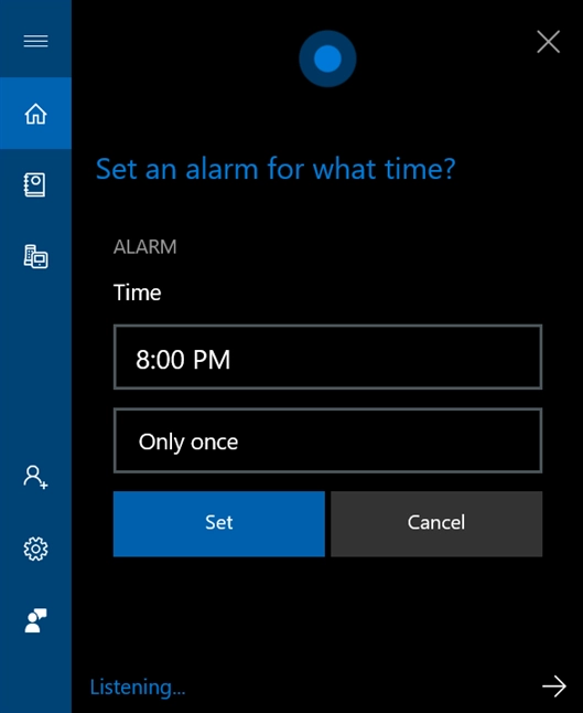 Tell Cortana the time for your alarm