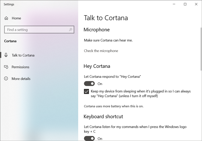 The Talk to Cortana page from Windows 10 Settings