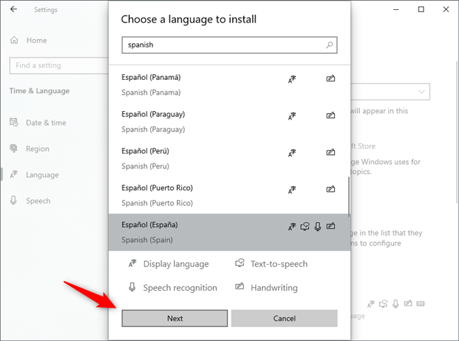 Selecting the new language to install